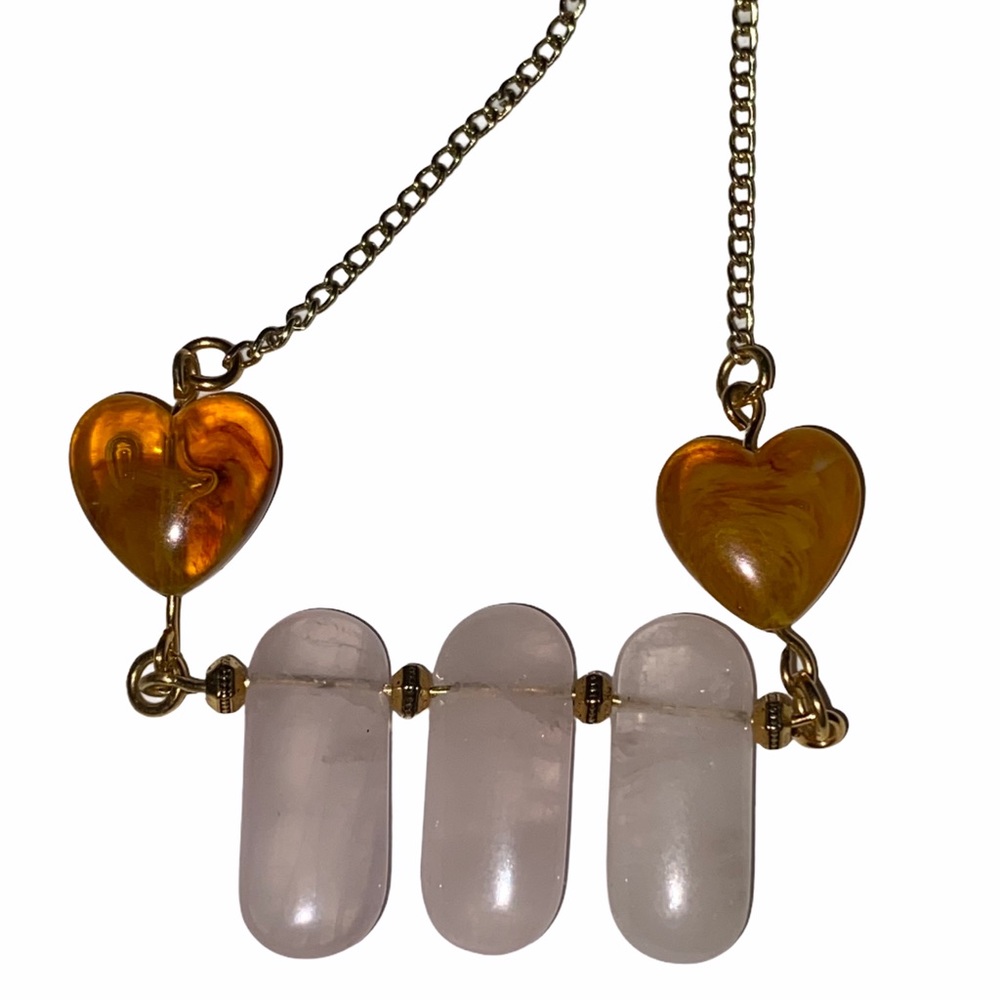 Hand Crafted Necklace Rose Quartz & Hearts Pink Yellow Chain Long Statement - Picture 2 of 6